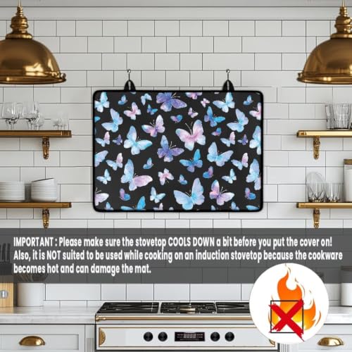 Image of Electric Stove Top Covers Heat Resistant Glass Ceramic Cooktop Cover Mat Multipurpose Kitchen Scratch Resistant Flat Top Stove Cover, 29 x 21 Inch, Butterfly Black Print