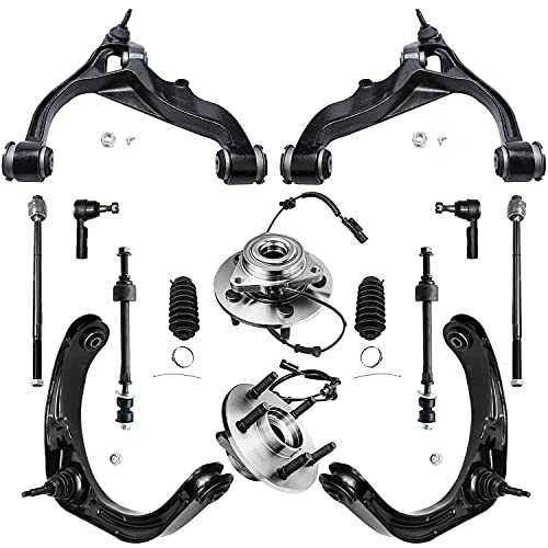 Detroit Axle - 4WD 5 Lug Front Wheel Hub Bearings Upper Lower Control Arms w/Ball Joints Inner Outer Tie Rods Sway Bar Links Replacement for 2006-2008 Dodge Ram 1500-14pc Set