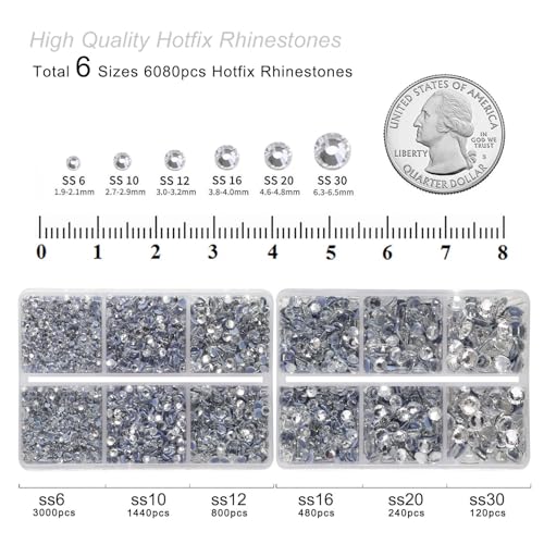 Image of BEADSLAND Hotfix Rhinestones, 6080PCS Clear Rhinestones for Clothes Crafts Mixed 6 Sizes with Wax Pencil and Tweezers Kit, SS6-SS30, Crystal