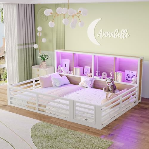 Kinderbett Bodenbett 140x200, Montessori Bett mit Rausfallschutz&Lattenrost, Hausbett mit 4 Staufächer&LED-Beleuchtung&Tür, Gitterbett Doppelbett...