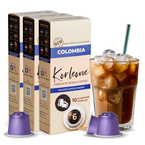Image of KORLEONE Colombia Aluminium Nespresso Compatible Coffee Pods 30 Capsules Pack of 3 Single Origin Intensity 6 Medium Roast Level 290 Grams