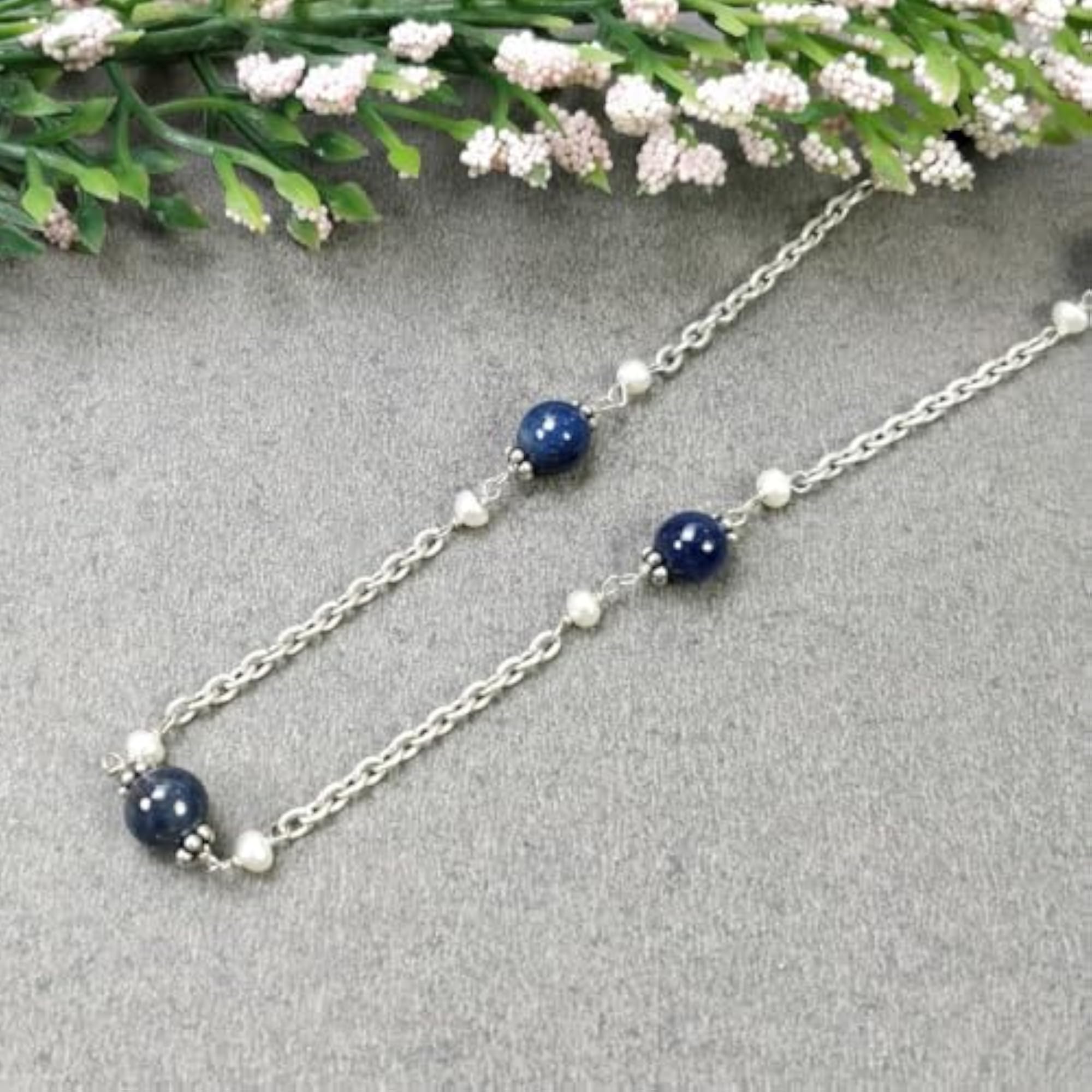 Natural Untreated Blue Sapphire & White Pearl Necklace