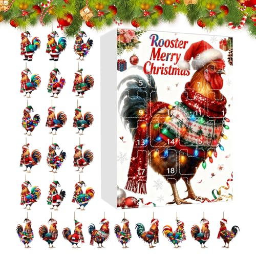 Calendrier de Noël Pendentif Coq Acrylique 2D Compte à rebours de Noël Poulet avec 24 Compartiments pour Fête à la Maison de Ferme, Vacances du Nouvel An