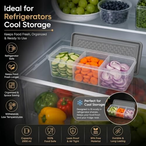Image of MAGIC SPOON Multipurpose 3 Section Storage Container | Spice Box, Pickle Jar, Fridge Organizer, Dry Fruit, Vegetable & Kitchen Storage Container- 2000ml X 2 Pack (GREY)