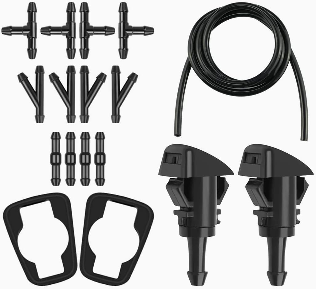 AUCELI 17 Pcs Set Windshield Washer Hose Kit, 12 Pcs Hose Connectors, 5M Washer Fluid Hose, 2 Fan Nozzles, 2 Rubber Gaskets, Connect Car Water Pump and Nozzles Suitable for Most Car