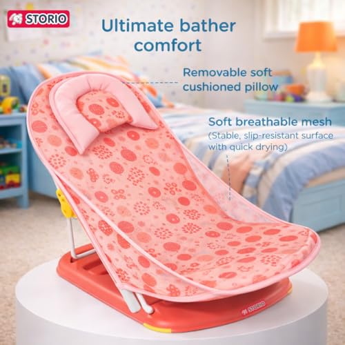 Image of Storio Newborn Baby Bather | Foldable 3-Position Adjustable Bath Chair for Infants 0-12 Months | Anti-Skid Base | Soft Washable Mesh Seat | Comfortable & Safe Bath Support for Babies up to 5Kg - Blue