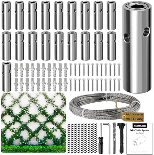 Acemaker Wire Trellis for Climbing Plants Outdoor, 20-Set Wall Wire Trellis Kit with 1/8in x 98ft Stainless Steel Cable, T316 Cylindrical Espalier System for Fence and Garden DIY Projects
