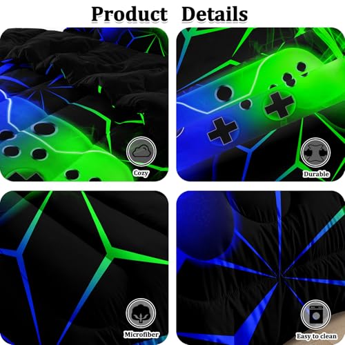 BERTSUCA 4 Pcs Gamer Full Bedding Set for Boys, Green-Blue Gaming Full Size Boys Comforter Set for Teens — view 6