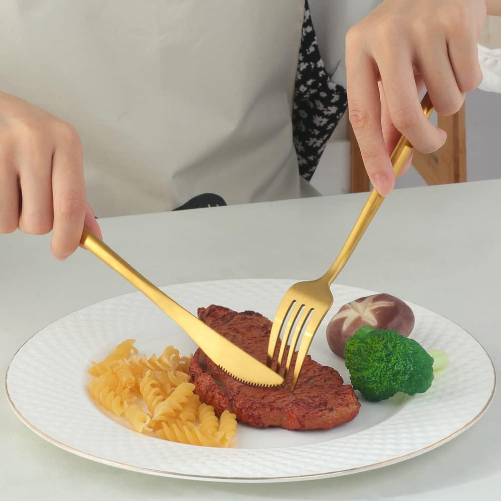 Matte Gold Silverware Set, DOCBLACK 20-Piece Stainless Steel Flatware Set Service for 4, Satin Finish Tableware Cutlery Set, Kitchen Utensil Set, Fine Dinner Knife Forks Spoons, Dishwasher Safe