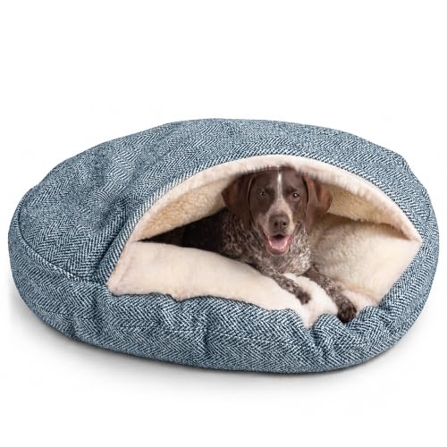 Image of Snoozer Cozy Cave Dog Bed, Round Covered Dog Bed, Palmer Indigo (XL)