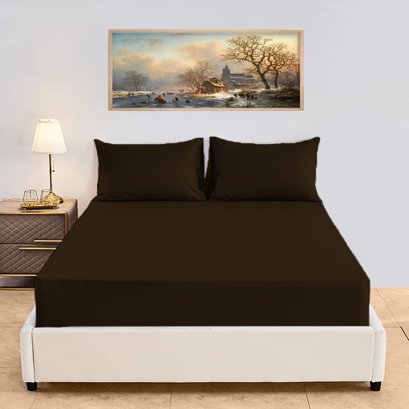 Dazzle Collection® Plain Fitted Sheet 180 Thread Count Polycotton | 50% Cotton 50% Polyester | Non Iron Plain Fitted Sheet Machine Washable. (Pair of Pillowcase, Chocolate)