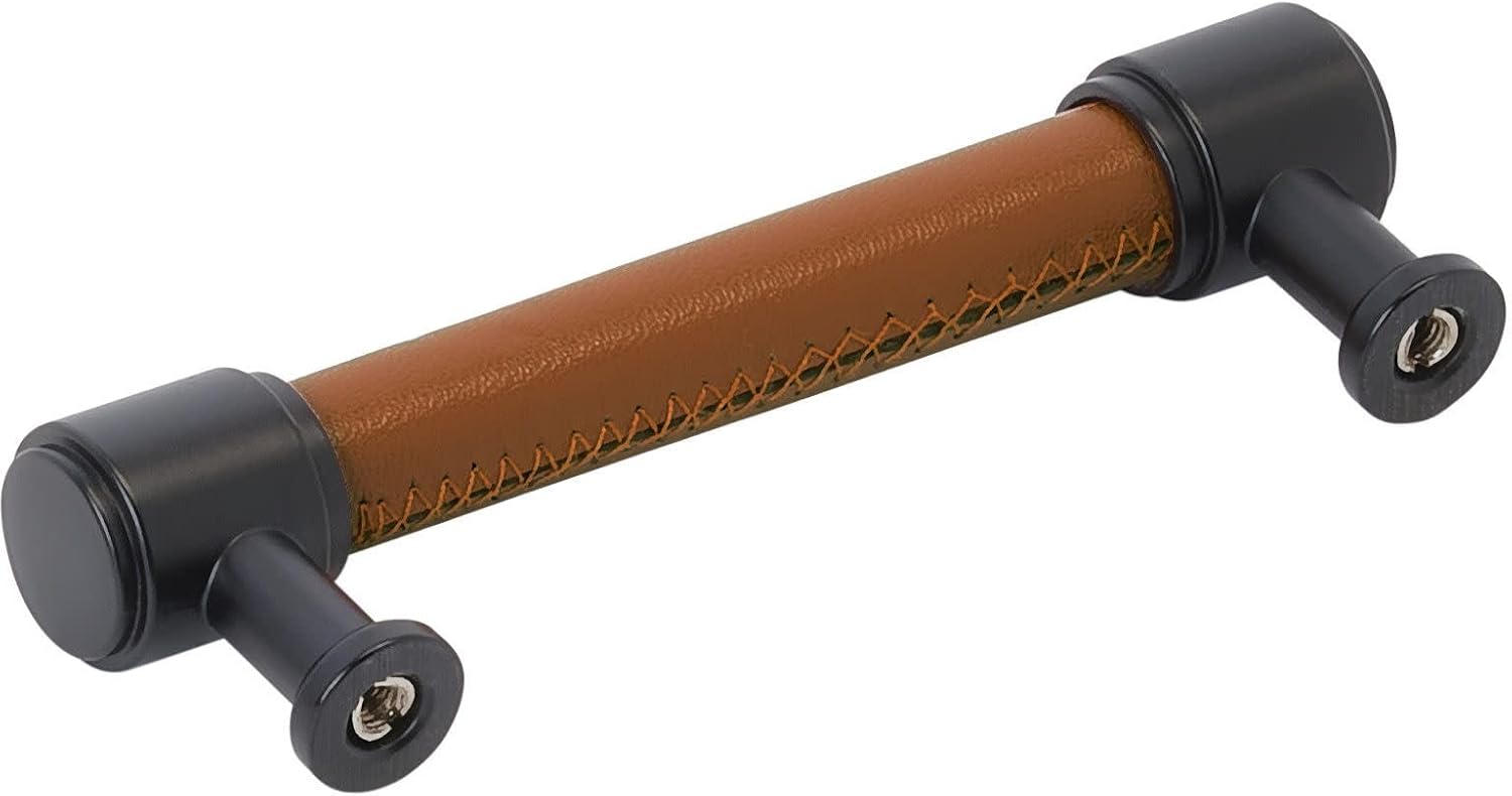 Signature Hardware 954069-334 Lazzara 3-3/4 Inch Center to Center Cognac Leather Bar Cabinet Pull - Brushed Gold