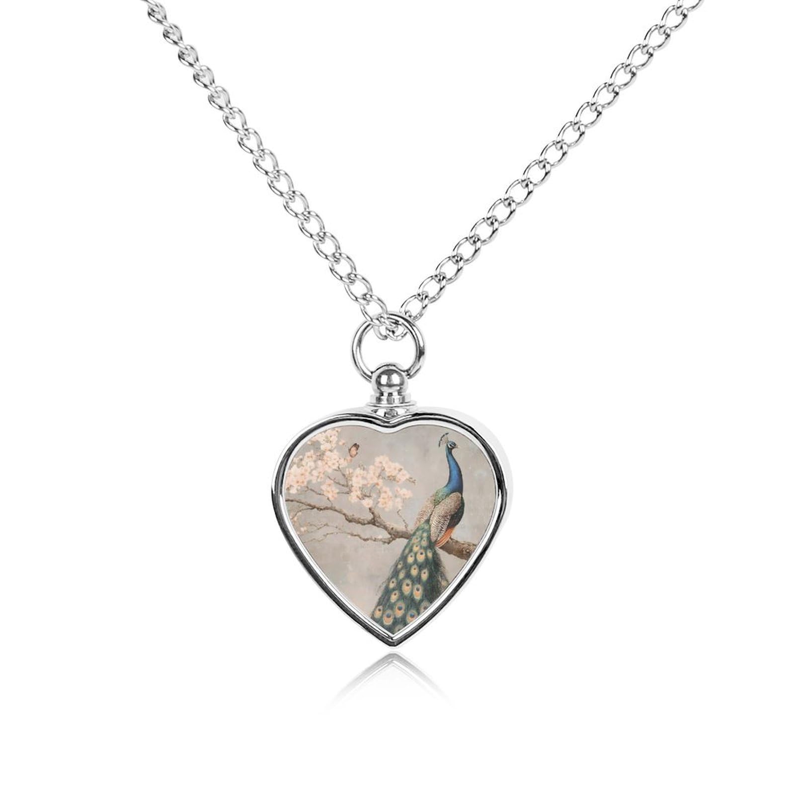 Peacock Cherry Blossoms Small Ashes Necklace for Dog/Cat Heart Keepsake Pendant Cremation Jewelry