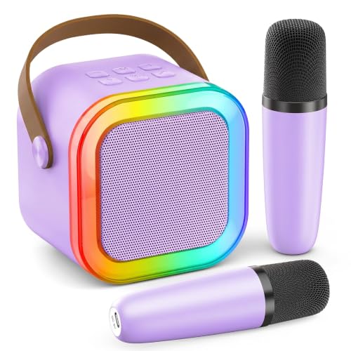 Mini Karaoke Machine for Kids Adults 2026 TOP Personal Video Players Accessories Birthday Gifts for Girls Boys 3-8+ Toddler Toys Portable Bluetooth Speaker with 2 Wireless Karaoke Mics(Purple)