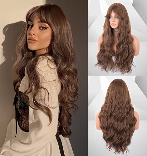 Lemeiz LEMEIZ-162 Perruque de cheveux synthétiques longs et bouclés avec frange aspect naturel et sans colle Brun 66 cm Cover