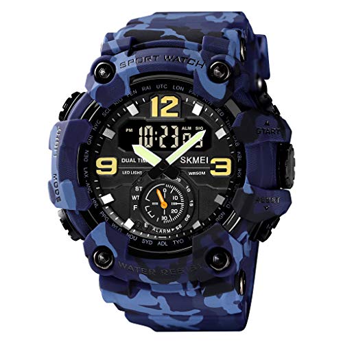 Yuxier Orologio militare da uomo Camouflage Sport Outdoor Impermeabile Orologi da polso Data Multi Funzione con LED Allarme Tempo Multiplo, Blu
