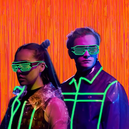 Image of 2Pack Glow in The Dark Party Supplies, Neon Party Decorations 6.6x6.6ft Fluorescent Macaron Orange Tinsel Foil Fringe Curtains, Photo Booth Prop Backdrop Luminous Streamer, Birthday Halloween Party
