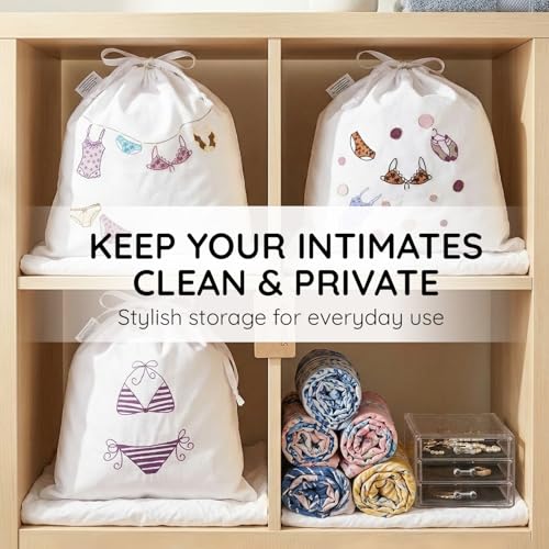 Image of Lingerie Drawstring Bags Set of 3, 15x15 inch, 100% Pure Cotton, Cute Embroidery Pouch for Underwear, Swimwear, Delicates & Travel Storage, Washable Beach Bags for Women (White)