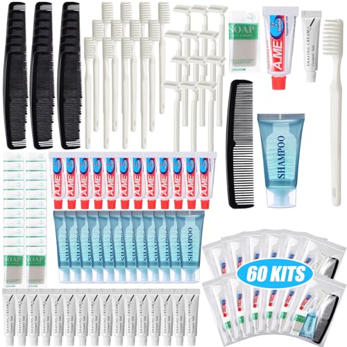 Ziliny 60 Set Travel Convenience Toiletry Kit Bulk Basic Toiletry Kits Travel Size Homeless Personal Hygiene Kit Homeless Care Package Supplies with Reusable Toiletry Bag for Men Charity
