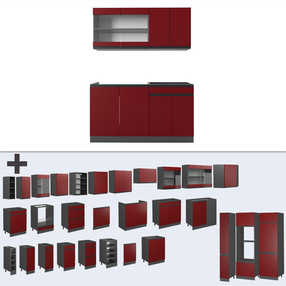 Vicco Singleküche R-Line, Rot/Anthrazit, 140 cm J-Shape, geeignet für Flexible Küchenanordnung und Erweiterungsmodule