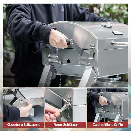 Royal Gourmet Edelstahl Tragbarer Gasgrill, Compact Tischgrill mit Zwei Griffen und Reiseschlössern, Klappbaren Beinen, 3 kW BBQ Campinggrill für Balkon, Picknick Silber
