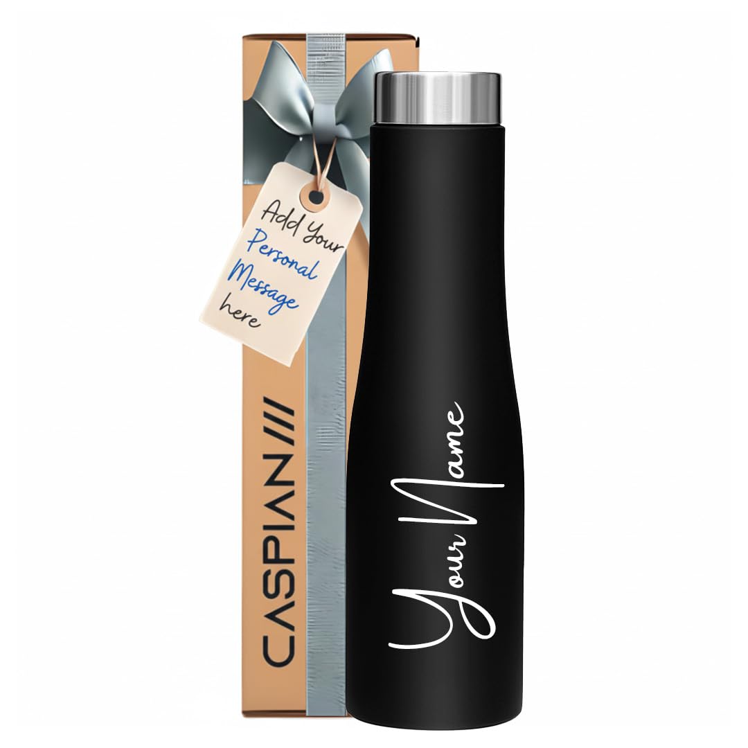 CASPIAN /// Aqua Customised Stainless Steel Water Bottle 1L, Black with Logo Print - Personalised Water Bottle with Your Name Print for Kids Boys Girls School Office Gym- Perfect for Corporate Gifting