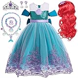 Princess Little Mermaid Costume for Girls Mermaid Wig Princess Ariel Cosplay Dress Up for Birthday Party Halloween Costume (130(5-6T))