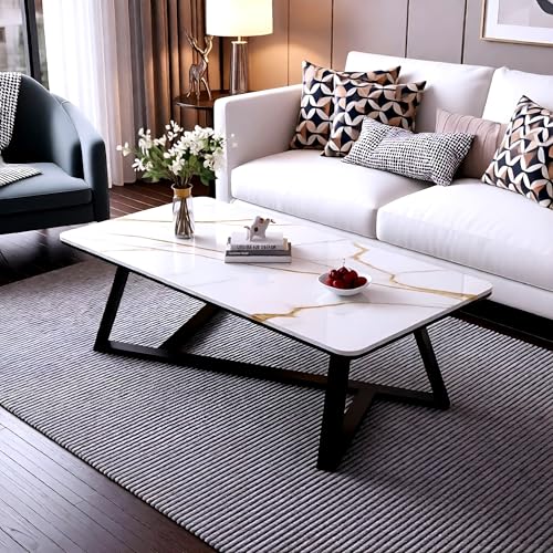 Image of Modern Engineered Wood Center Table for Living Room | Marble Pattern Coffee & Tea Table for Home, Office & Reception (White Black)