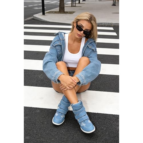 Image of Wedge Sneakers for Women Heels Suede Hook and Loop High Heel Tennis Round Toe Triple Strappy Band Casual Vintage Fashion Dressy Comfy Campus Trendy Retro Sneaker