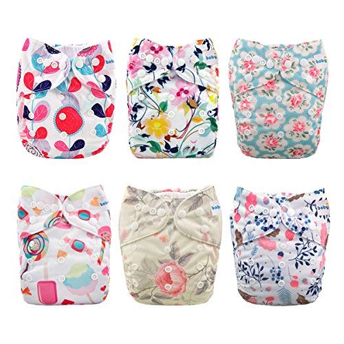 babygoal Reusable Cloth Diapers for Baby Girls 6 Pack+6pcs Inserts+One Wet Bag, One Size Adjustable Washable Pocket Nappy Covers 6FG03
