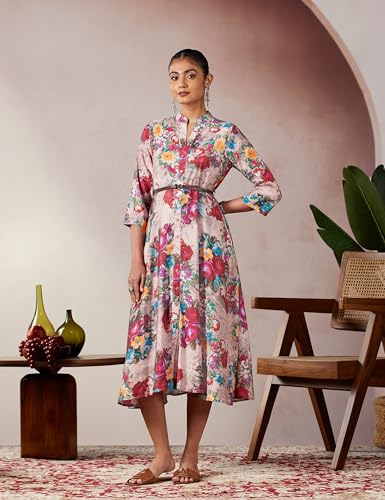 Image of BIBA Women Fit and Flare Below the Knee Rayon Flared Printed Dress