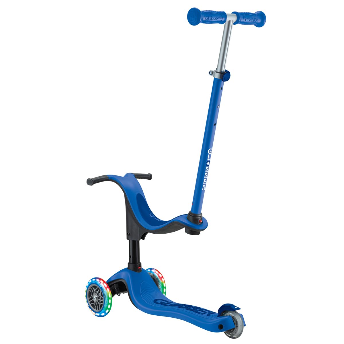 Globber - GO•UP SPORTY LIGHTS - Monopattino a 3 ruote con seduta, per bambini dai 15 mesi ai 6 anni, Blu scuro
