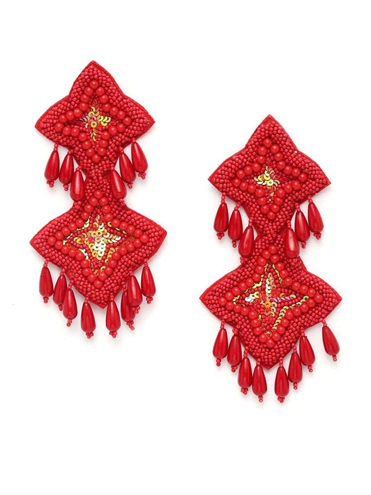 MoedbuilleBrass Red Pearls And Beads Studded Contemporary Design Handcrafted Drop Earrings (Mber03026), One Size