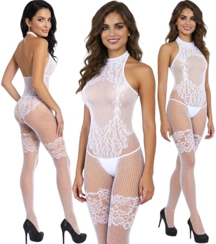 Image of ToBeInStyle Women's Assorted Bodystocking Sheer Opaque or Fishnet Crotchless Lingerie Bodysuit