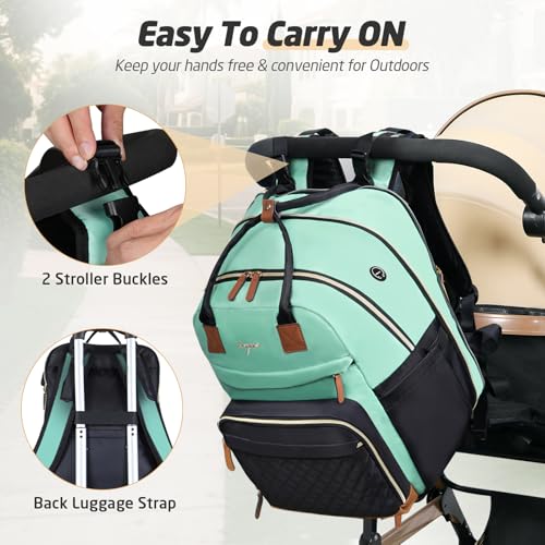 Tonyeee Diaper Bag Backpack - Extra Large Diaper Bag for 2 Kids Twin, Travel Baby Bags for Mom Dad 25-37L Expandable with Changing Pad Earphone Hole, Green Black — view 6
