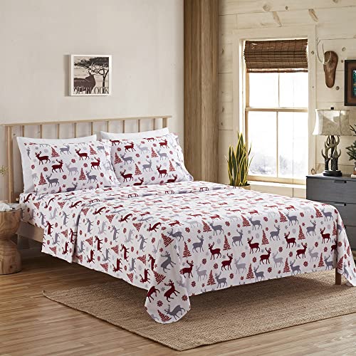 Flannel Sheets Warm and Cozy Deep Pocket Breathable All Season Bedding Set with Fitted, Flat and Pillowcases, King, Buffalo Deer