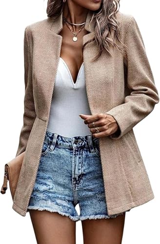 2025 Women’s Tweed Herringbone Blazer Open Front Stand Collar Business Casual Long Sleeve Jacket Pockets - Main Image