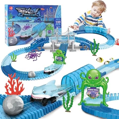 Flexible Racetrack Shark Toy Car - 199 Pcs Race Track Car with Shark & Ball for Baby Toddler Kid Boy Girl Age 3 4 5 6 7 8 9 Years Old, Ocean Theme Train Toy, STEM Educational Gift for Holiday Birthday Cover