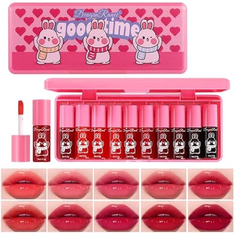 10 Colors Lip Tint Stain,Korean Mini Liquid Moisturizing Lip Gloss,Long-Lasting&Non-Stick Cup,Multi-Use Lip and Cheek Tint Stain(Rabbit） Cover
