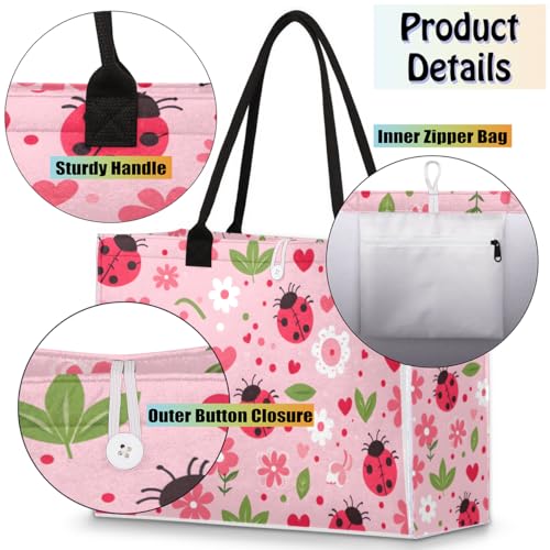 Pink Ladybugs Tote Bag for Women Large Beach Bag Reusable Tote Bags for Work Travel Beach Shopping4