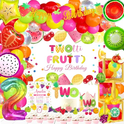 Fiesec Twotti Fruity Birthday Decorations Fruit Themed 2nd Tutti Frutti Party Decorations Backdrop Balloon Garland Glitter Banner Cake Cupcake Topper Box Cutout Crown Poster Summer Luau 155 PCs