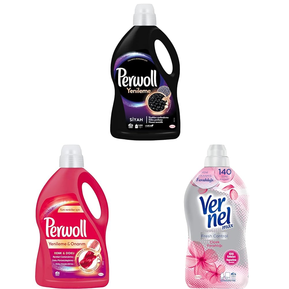 Perwoll Yenileme Siyah 3L & Perwoll Yenileme Renkli 3L & Vernel Max Fresh Control Çiçek Ferahligi 1370 mL