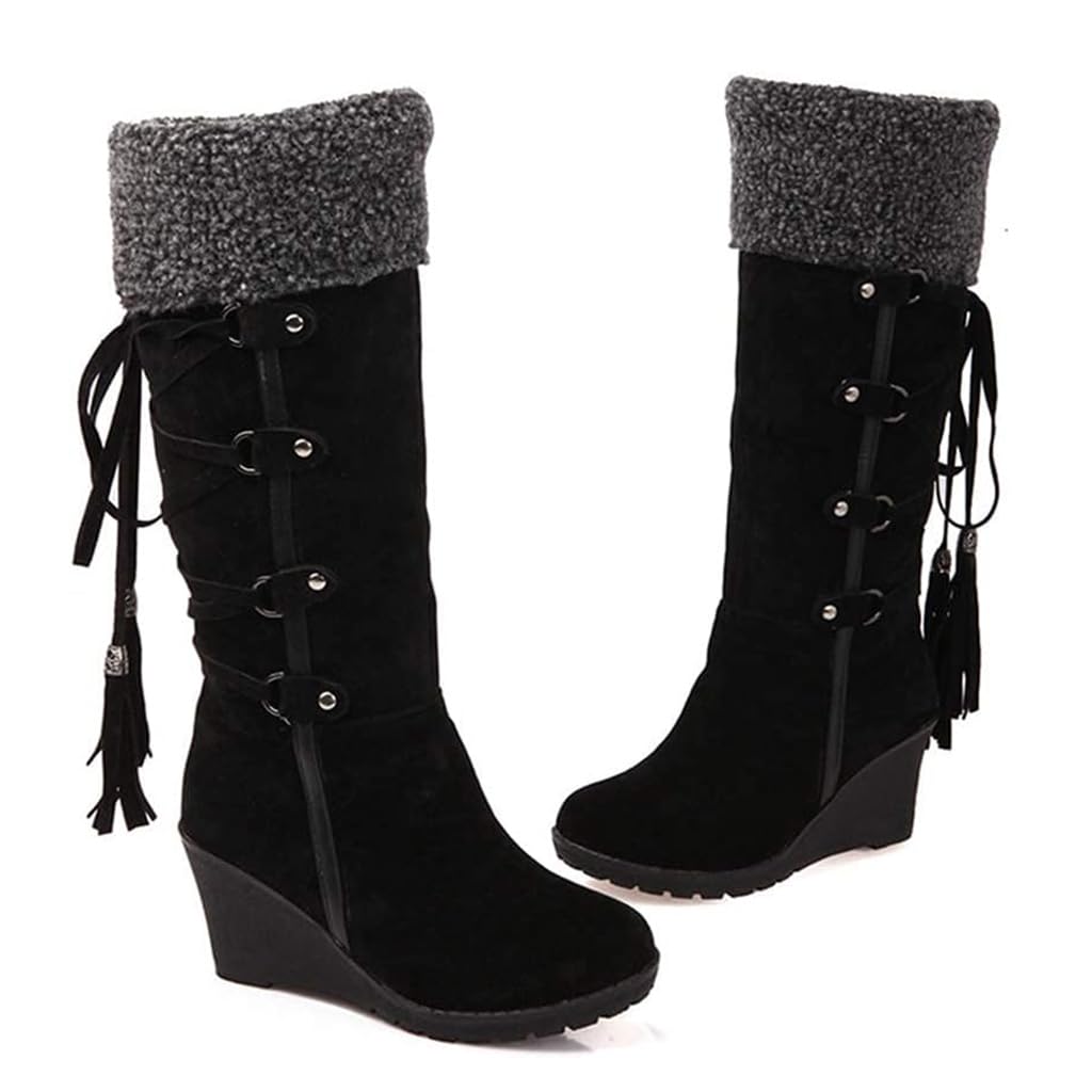 Snow Boots for Women Winter Faux Fur Suede Round Toe Warm Chunky Cowgirl Knee High Booties Outdoor Mid