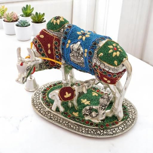 Image of KridayKraft Gold Plated Kamdhenu Cow with Calf Metal Statue for Good Luck Feng Shui & Vastu Showpiece Religious Idol Fingures for Home and Office Table Decor
