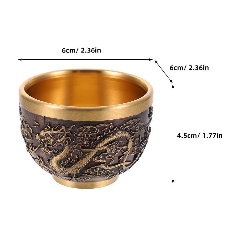 LOGOFUN 2pcs Kung Fu Teacups Chinese Copper Cup Vintage Dragon Pattern Tasting Mugs Chinese Embossed Tablewear for Home Office Supplies