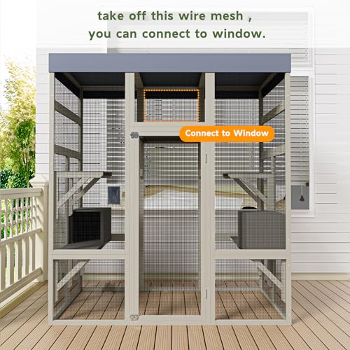 70” Catio Outdoor Cat Enclosure, Large Wood Cats House, Catio Window Cat Enclosure, Jumping Platform & 2 Napping Resting Box