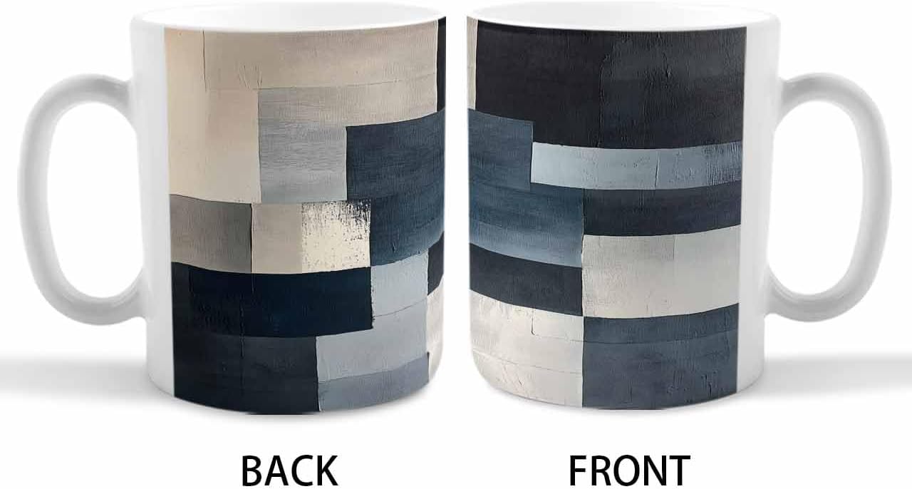 BEMIGO Ceramic Coffee Mug Modern Color Block Blue Ceramic Mug White Cup, Abstract Geometric Insulated Coffee Cup with Handle with Pattern Perfect for Tea and Hot Beverages, 12oz