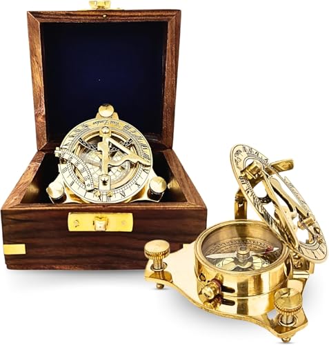 Brújula de bolsillo con reloj de sol de latón y caja de madera miniatura 1