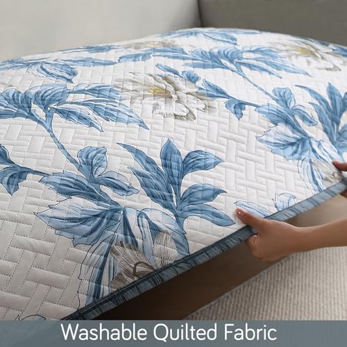 Image of HOKIPO 'HomeHues Series' Printed Quilted Sofa Seat Mat for 1 Seater Sofa with 2 Armrest Covers with Pockets, Celadon Blue Camellia (IN-806-D8 + IN-814-D8*2)