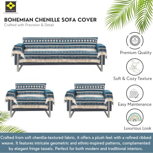 Image of Elegant Woven Turquoise Sofa Cover Soft Chenille Traditional Pattern with Lace Style | L-Shape Sectional Seat Protector for Living Room | Durable & Stylish Slipcover 5 Seater with Arms